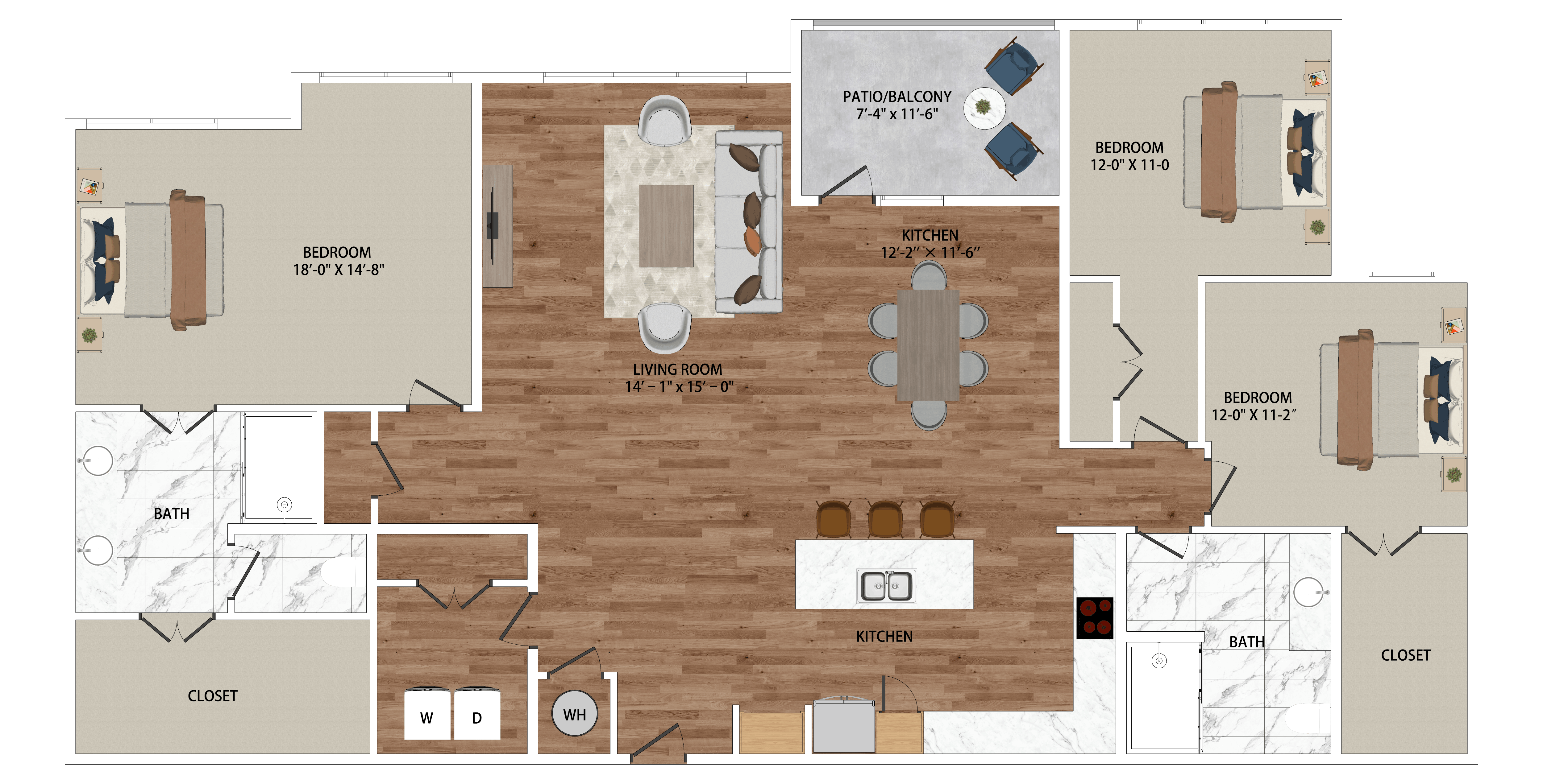 Floor plan for 3 beds, 2 baths, 1916 sqft